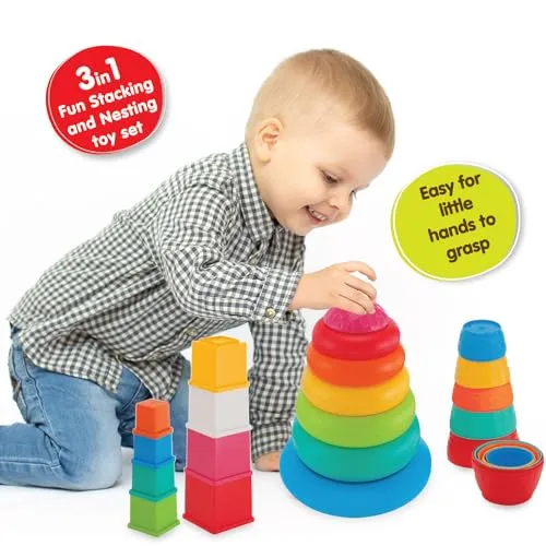 Funskool - Stack N Nest Toy , Multicolour 3 in 1 gift set, Develops motor skills , 6 months & above, Infant and Preschool Toys