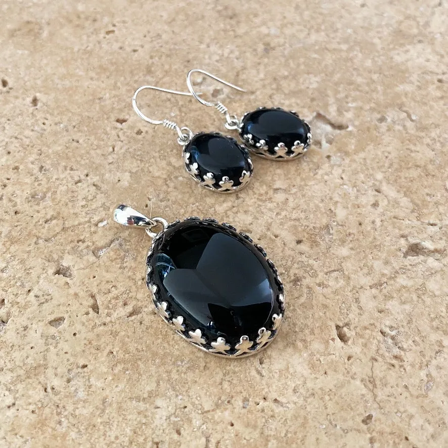 Onyx Oval Pendant & Earring Set - Lace