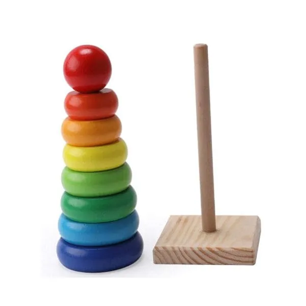 Wooden Rainbow Tower Ring Building Blocks Toy Gifts, Stacking and Sorting Toy for Basic Spatial Awareness Development in Kids (Ball Top)