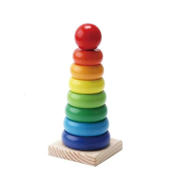 Wooden Rainbow Tower Ring Building Blocks Toy Gifts, Stacking and Sorting Toy for Basic Spatial Awareness Development in Kids (Ball Top)