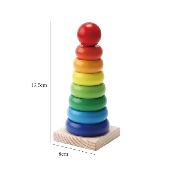 Wooden Rainbow Tower Ring Building Blocks Toy Gifts, Stacking and Sorting Toy for Basic Spatial Awareness Development in Kids (Ball Top)