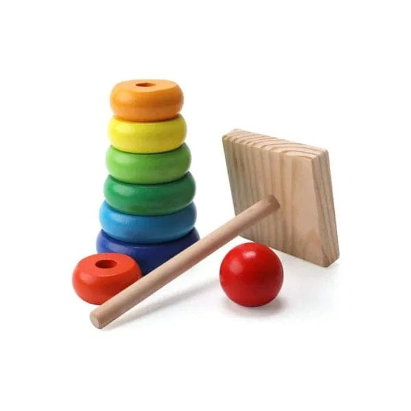 Wooden Rainbow Tower Ring Building Blocks Toy Gifts, Stacking and Sorting Toy for Basic Spatial Awareness Development in Kids (Ball Top)