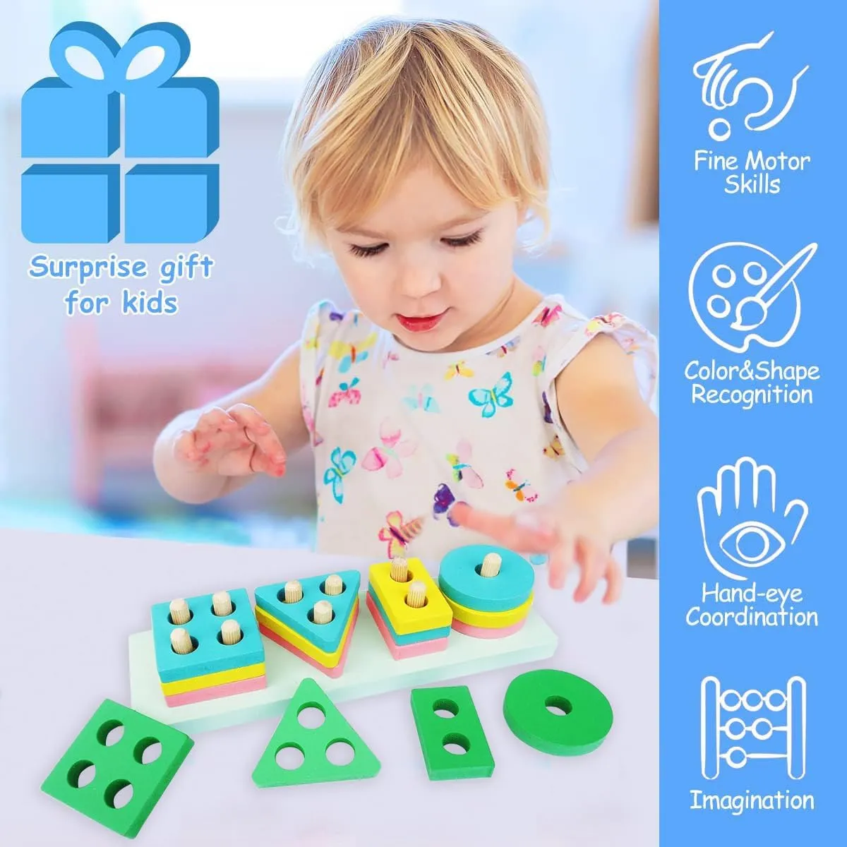 Wooden Shapes Square Column Blocks Sorting & Stacking Toys for Kids